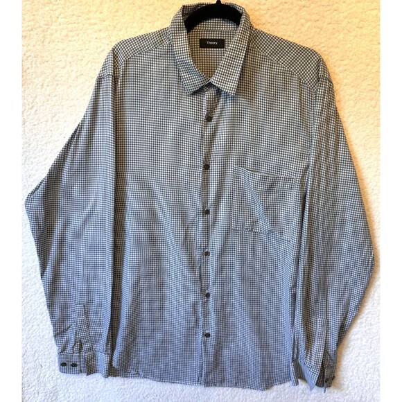 Theory Men's‎ Button Down Shirt XL Blue Gingham 100% Cotton Long Sleeve Collared - Picture 2 of 12